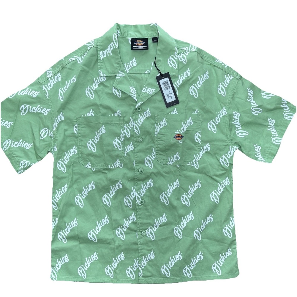 Dickies Button Down Men's XS Camp‎ Work Shirt Sage Green All Over Logo Print